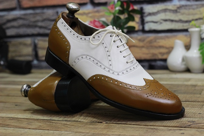 New Men's Handmade Leather Shoes Dual Tone Tan & White Leather Lace Up ...