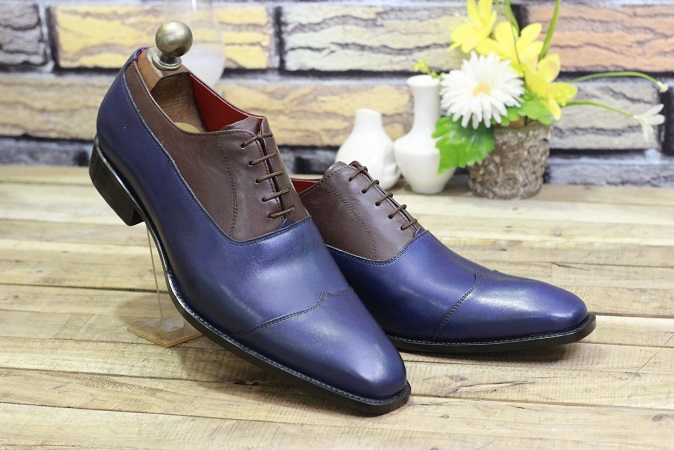 New Men's Custom Made Leather Shoes Blue & Brown Leather Lace Up Style ...