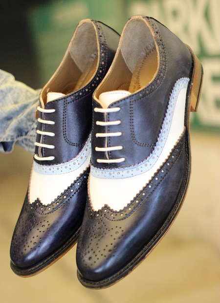 New Men's Handmade Blue & White Leather Stylish Lace Up Wing Tip Style ...